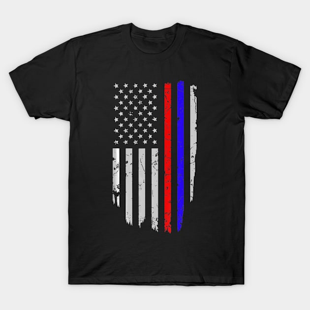 American Flag Red Blue Thin Line Apparel Firefighter Police T-Shirt by abubakarBaak